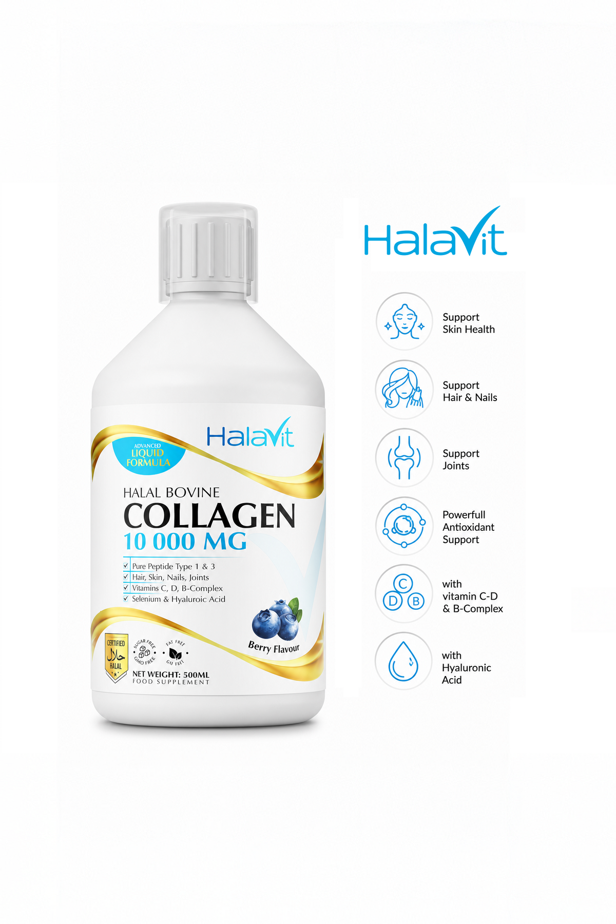 Halal Bovine Collagen Liquid With Vitamins & Hyaluronic Acid
